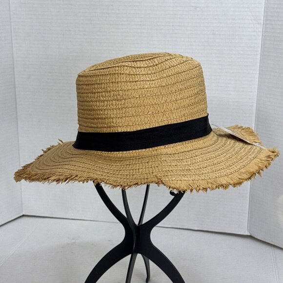Fashion Hat Woven Sun Hat Fringed Grosgrain Ribbon Band NWT Tan Black 9034 - Picture 6 of 15